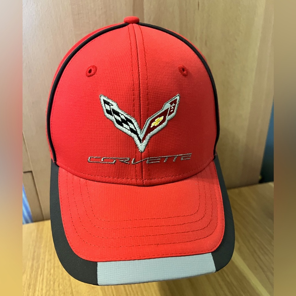 Corvette Embroidered Performance Hat. C7 Stingray. Red Adjustable Back